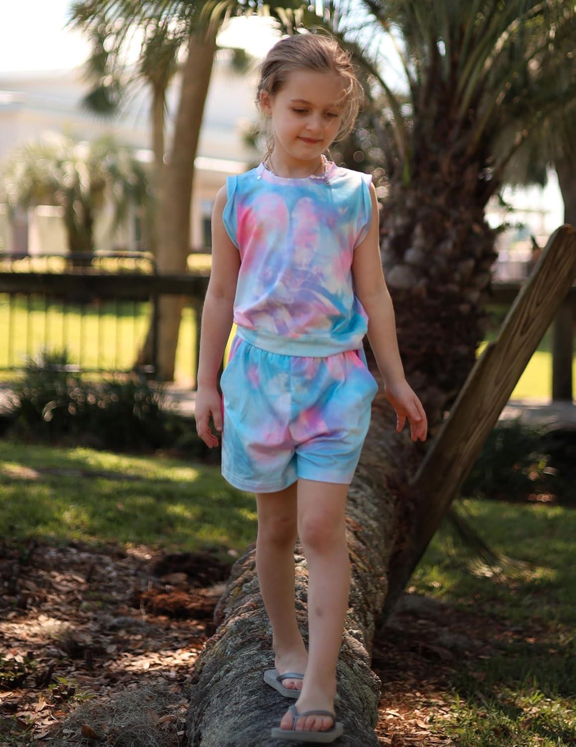 image:imageArshiner Girls Summer Outfits 2 Piece Short Sets Sleeveless Tops and Shorts with Pockets Kids ClothesPinkblue