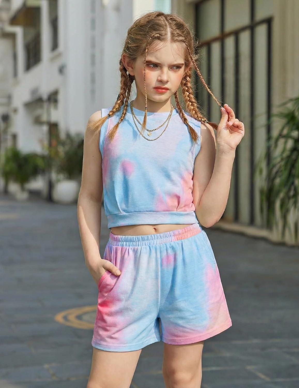 image:imageArshiner Girls Summer Outfits 2 Piece Short Sets Sleeveless Tops and Shorts with Pockets Kids ClothesPinkblue
