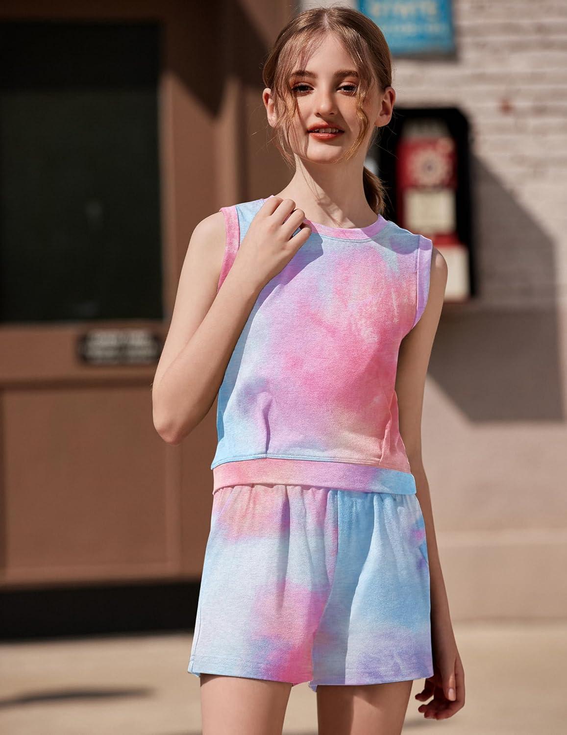image:imageArshiner Girls Summer Outfits 2 Piece Short Sets Sleeveless Tops and Shorts with Pockets Kids ClothesPinkblue
