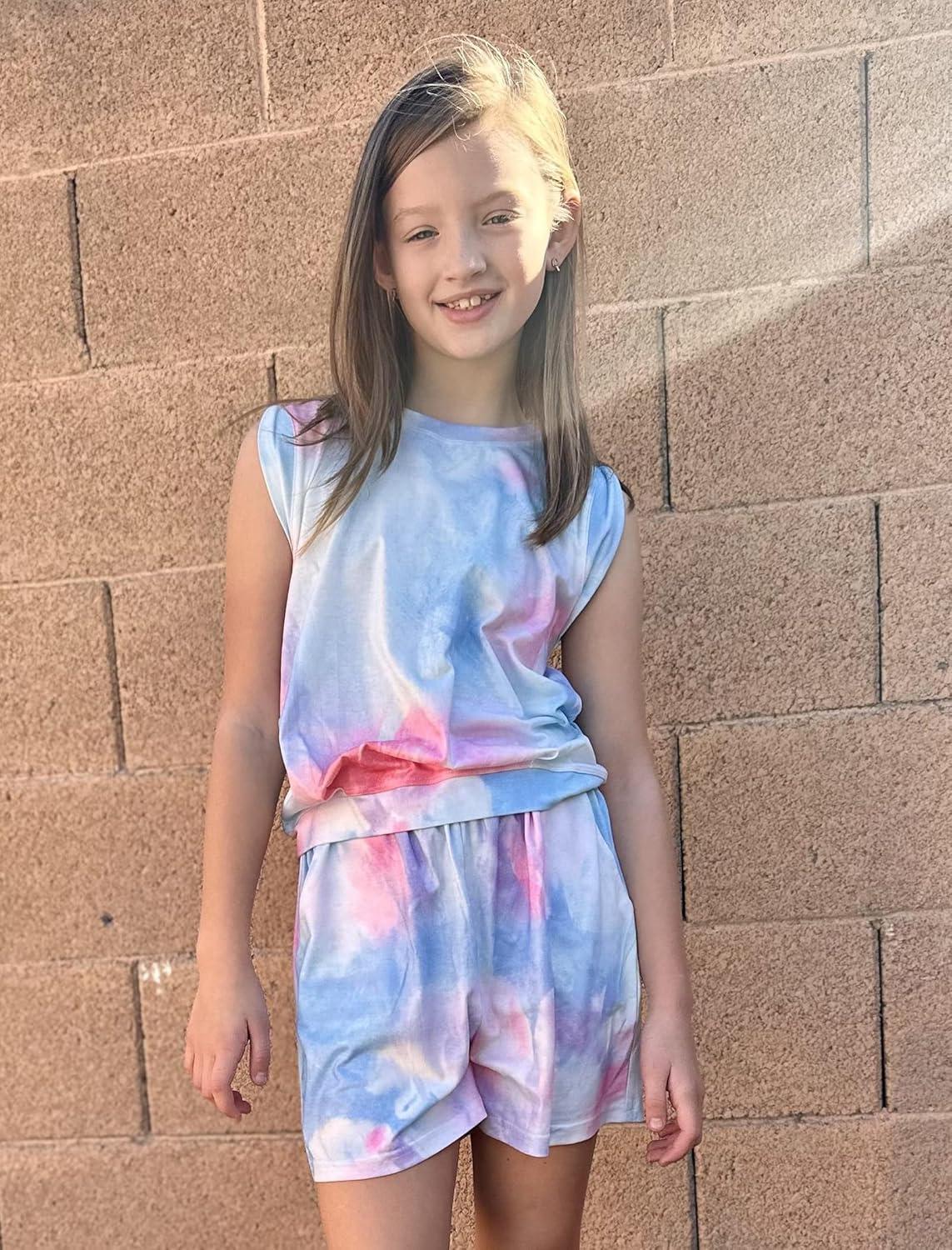 image:imageArshiner Girls Summer Outfits 2 Piece Short Sets Sleeveless Tops and Shorts with Pockets Kids ClothesPinkblue