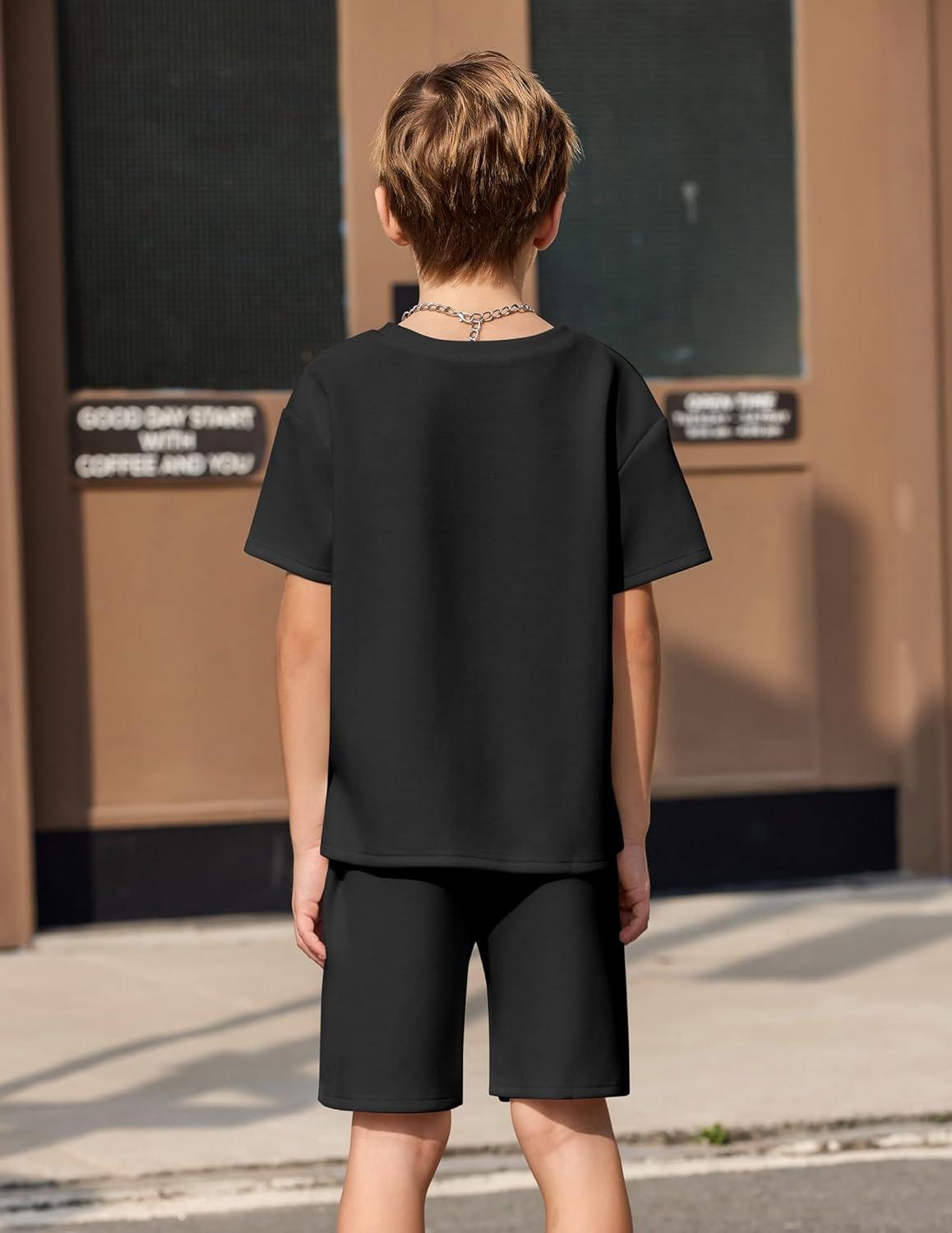 image:imageArshiner Kids Boy Drop Shoulder Tee amp Drawstring Waist Shorts With Chain NecklaceBlack