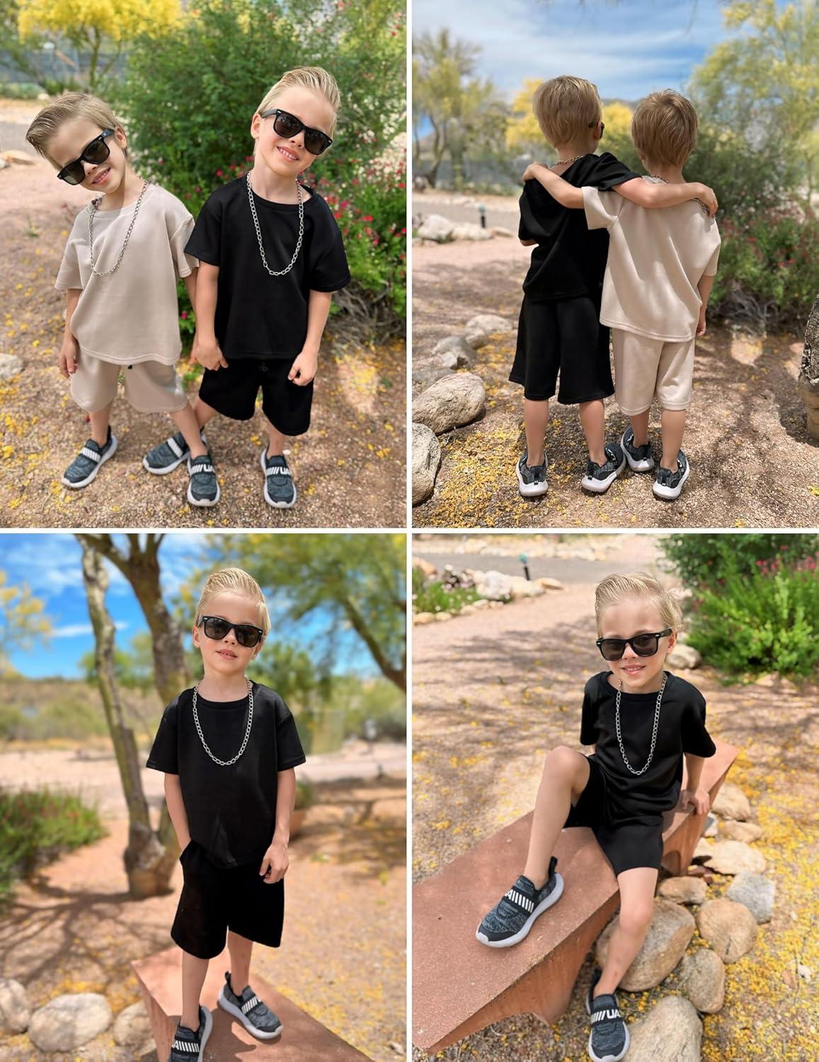 image:imageArshiner Kids Boy Drop Shoulder Tee amp Drawstring Waist Shorts With Chain NecklaceBlack