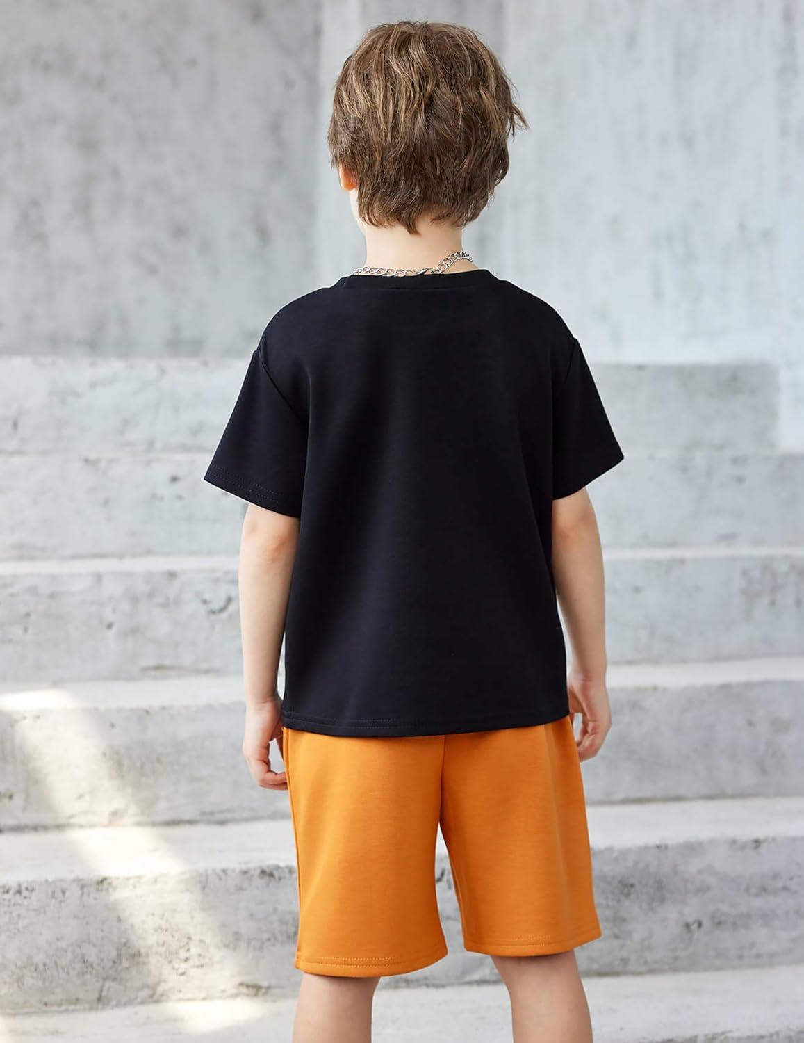 image:imageArshiner Kids Boy Drop Shoulder Tee amp Drawstring Waist Shorts With Chain NecklaceBlack Print Brown