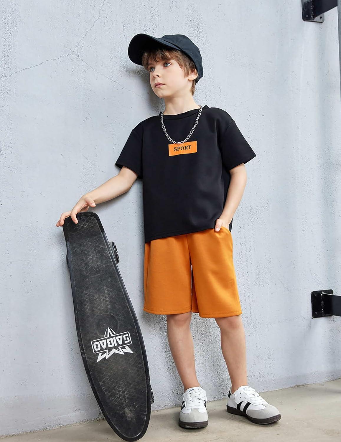 image:imageArshiner Kids Boy Drop Shoulder Tee amp Drawstring Waist Shorts With Chain NecklaceBlack Print Brown