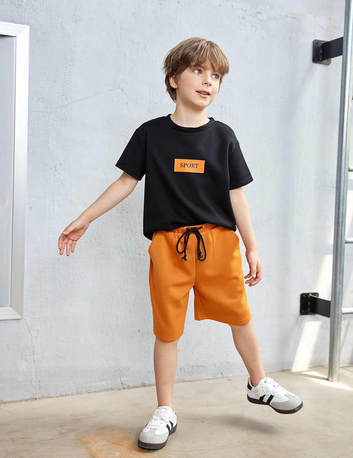 image:imageArshiner Kids Boy Drop Shoulder Tee amp Drawstring Waist Shorts With Chain NecklaceBlack Print Brown