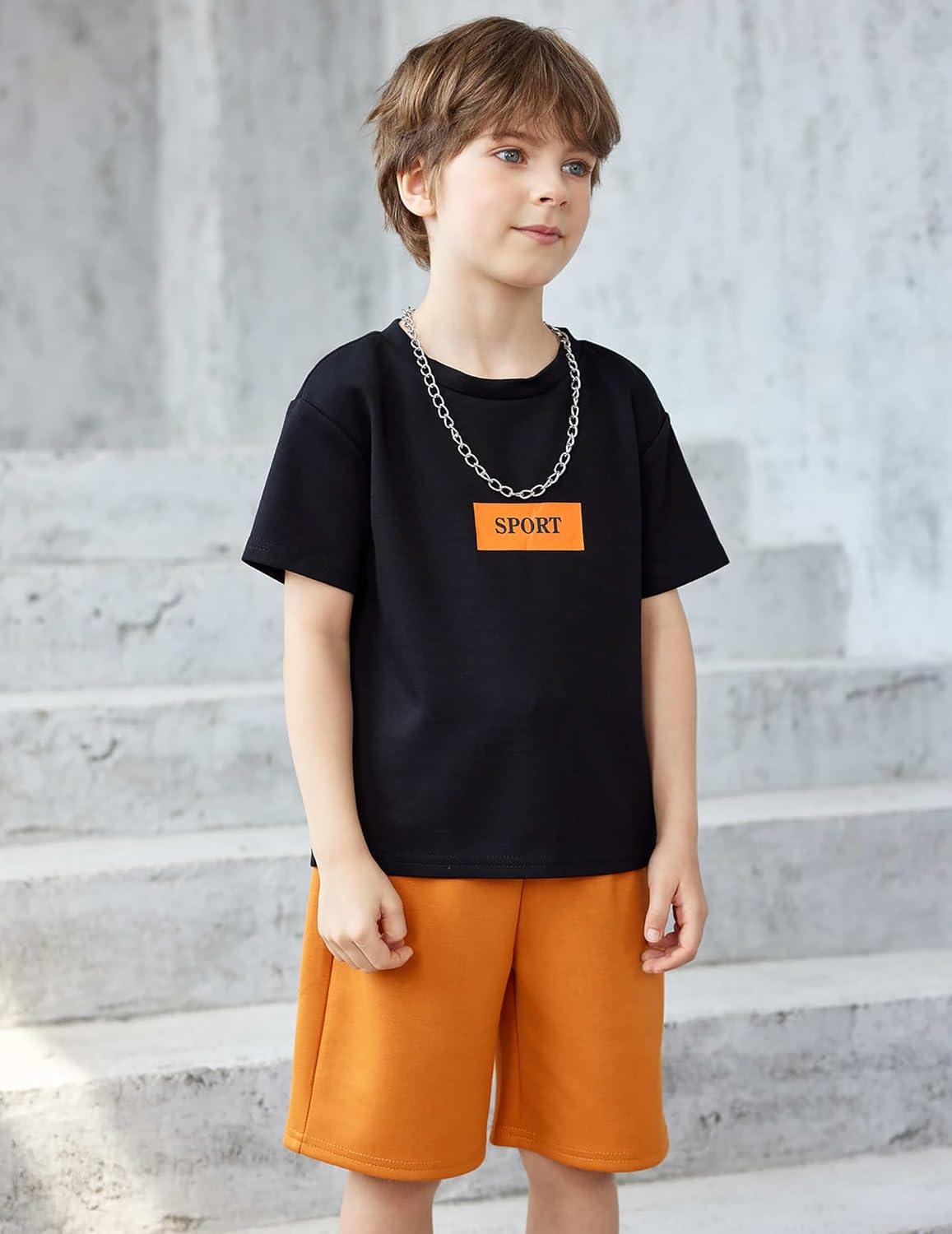 image:imageArshiner Kids Boy Drop Shoulder Tee amp Drawstring Waist Shorts With Chain NecklaceBlack Print Brown