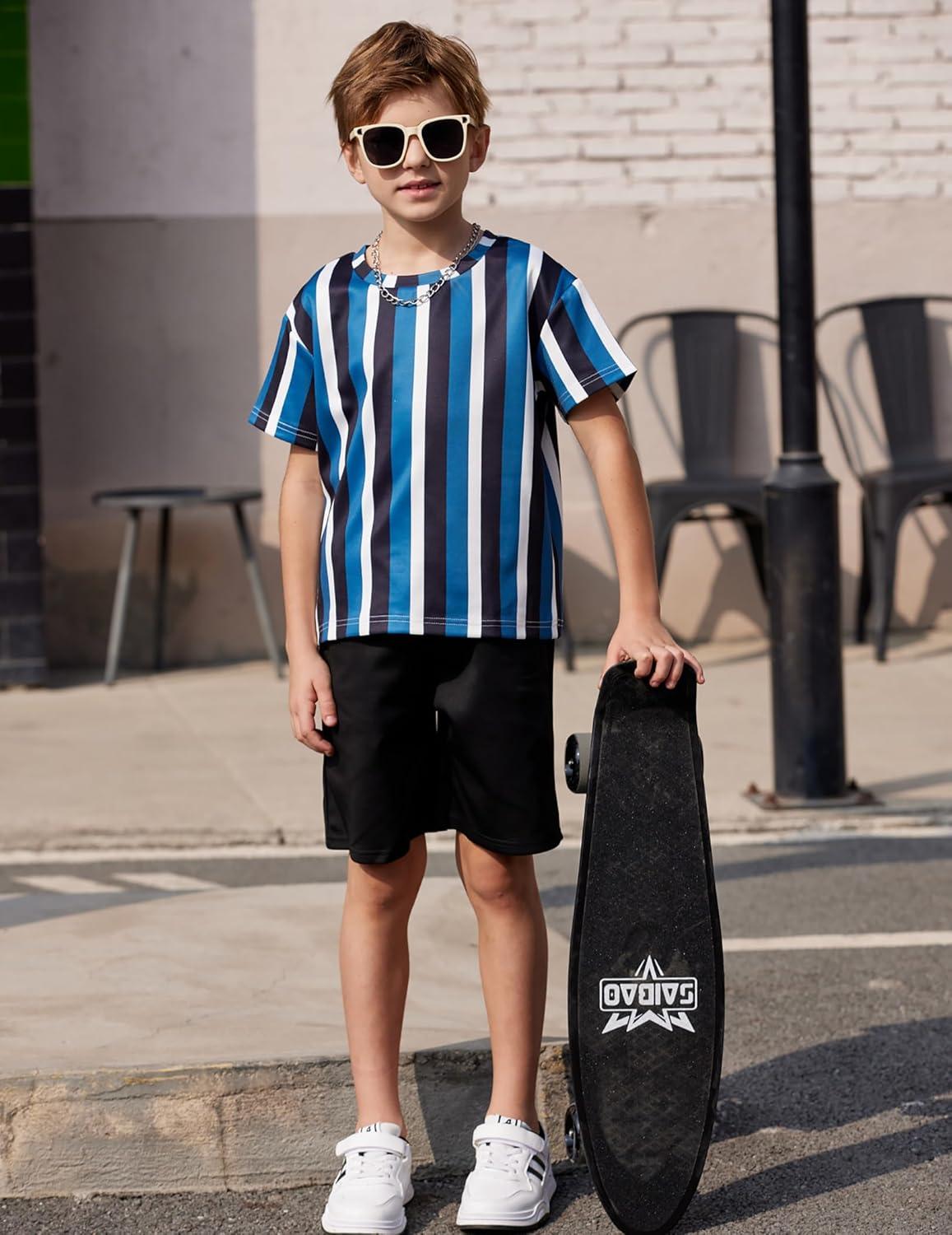 image:imageArshiner Kids Boy Drop Shoulder Tee amp Drawstring Waist Shorts With Chain NecklaceBlueBlackWhite Stripe
