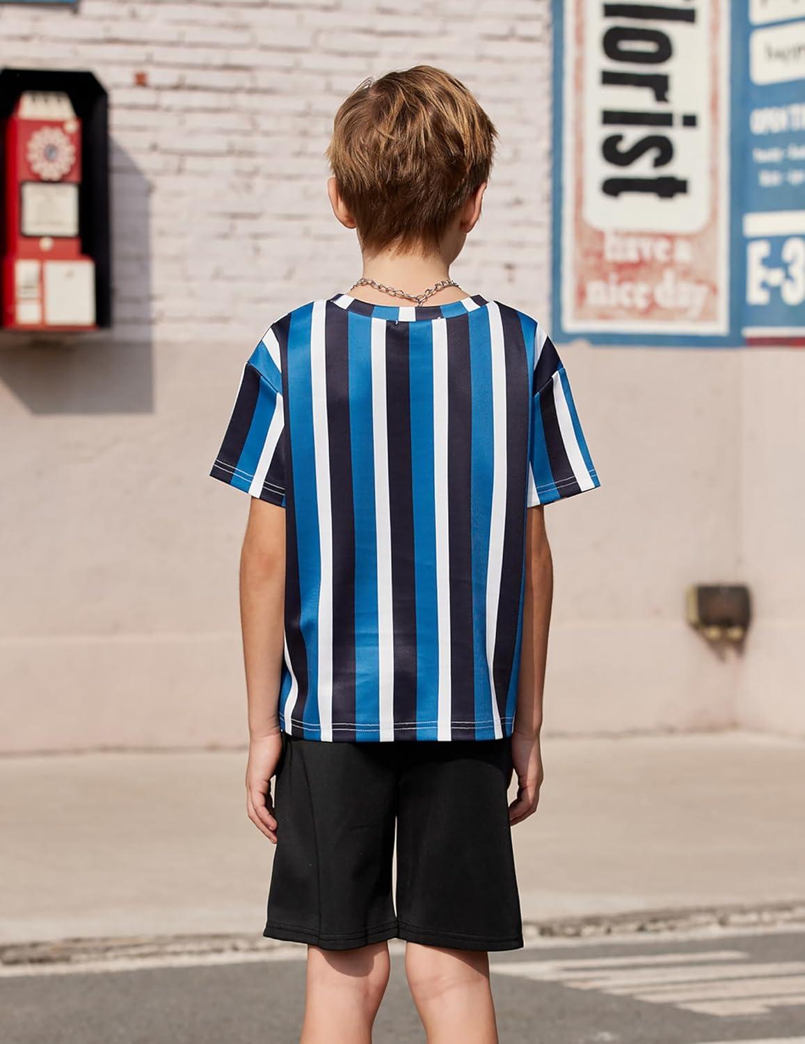 image:imageArshiner Kids Boy Drop Shoulder Tee amp Drawstring Waist Shorts With Chain NecklaceBlueBlackWhite Stripe