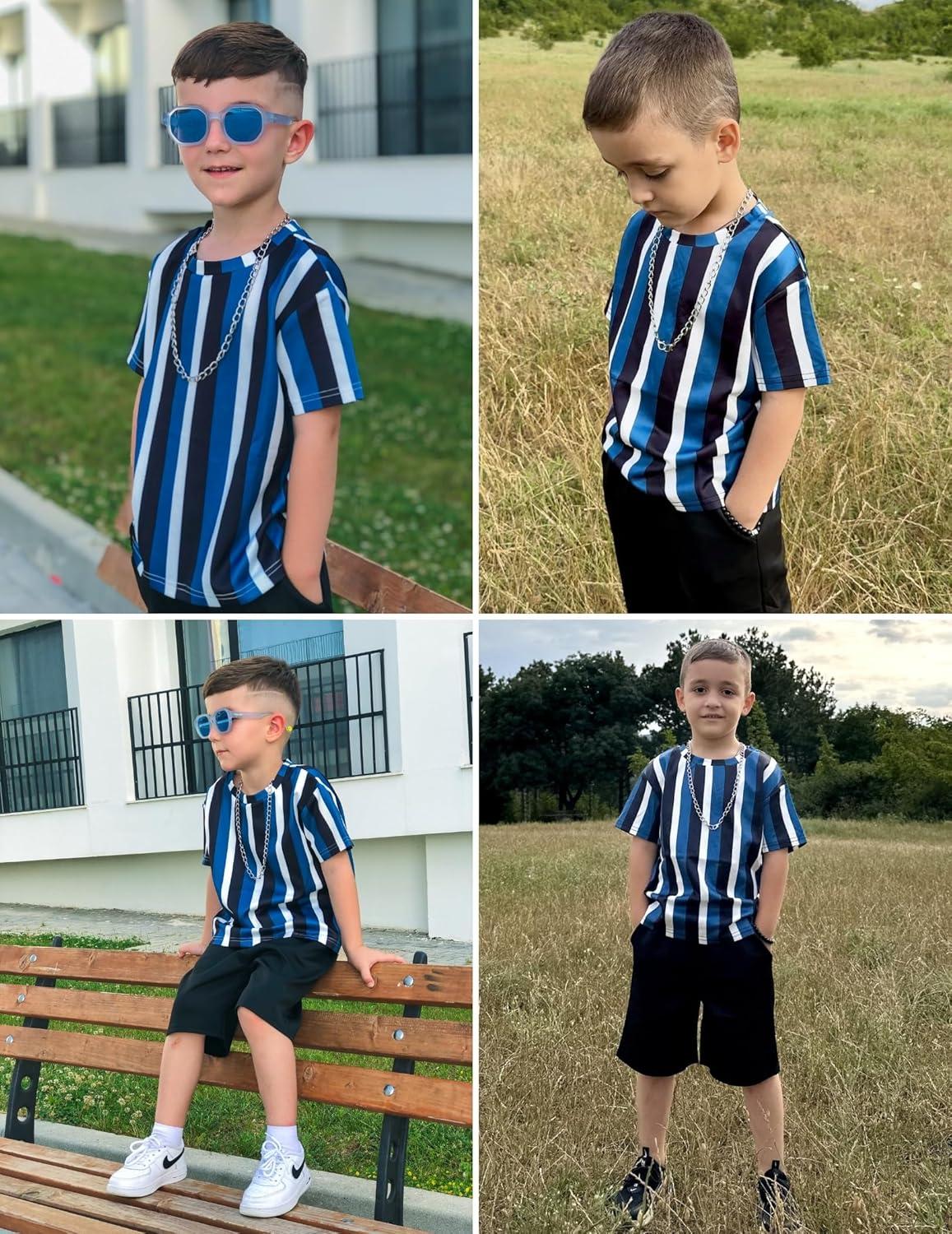 image:imageArshiner Kids Boy Drop Shoulder Tee amp Drawstring Waist Shorts With Chain NecklaceBlueBlackWhite Stripe