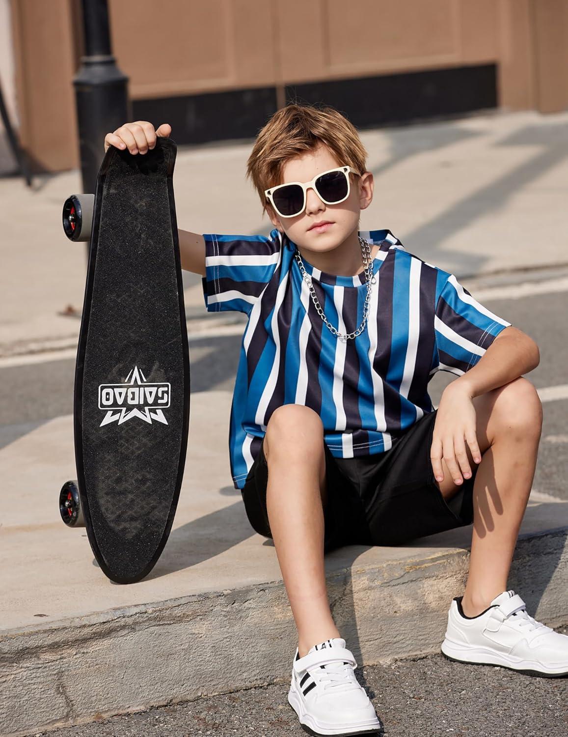 image:imageArshiner Kids Boy Drop Shoulder Tee amp Drawstring Waist Shorts With Chain NecklaceBlueBlackWhite Stripe