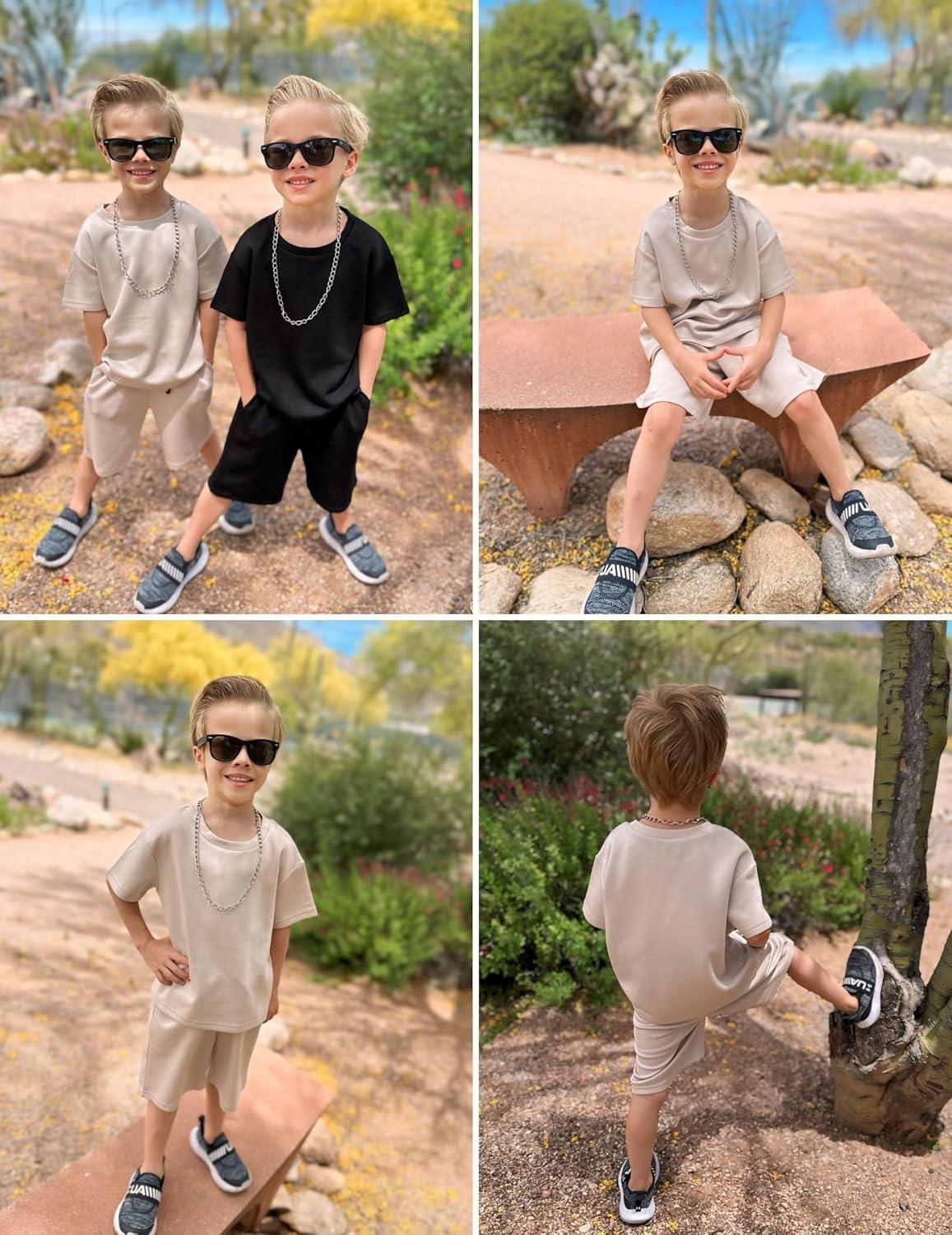 image:imageArshiner Kids Boy Drop Shoulder Tee amp Drawstring Waist Shorts With Chain NecklaceKhaki