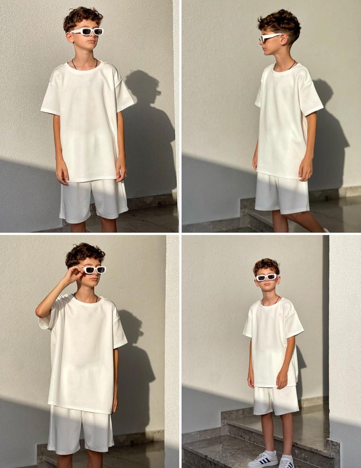 image:imageArshiner Kids Boy Drop Shoulder Tee amp Drawstring Waist Shorts With Chain NecklaceWhite