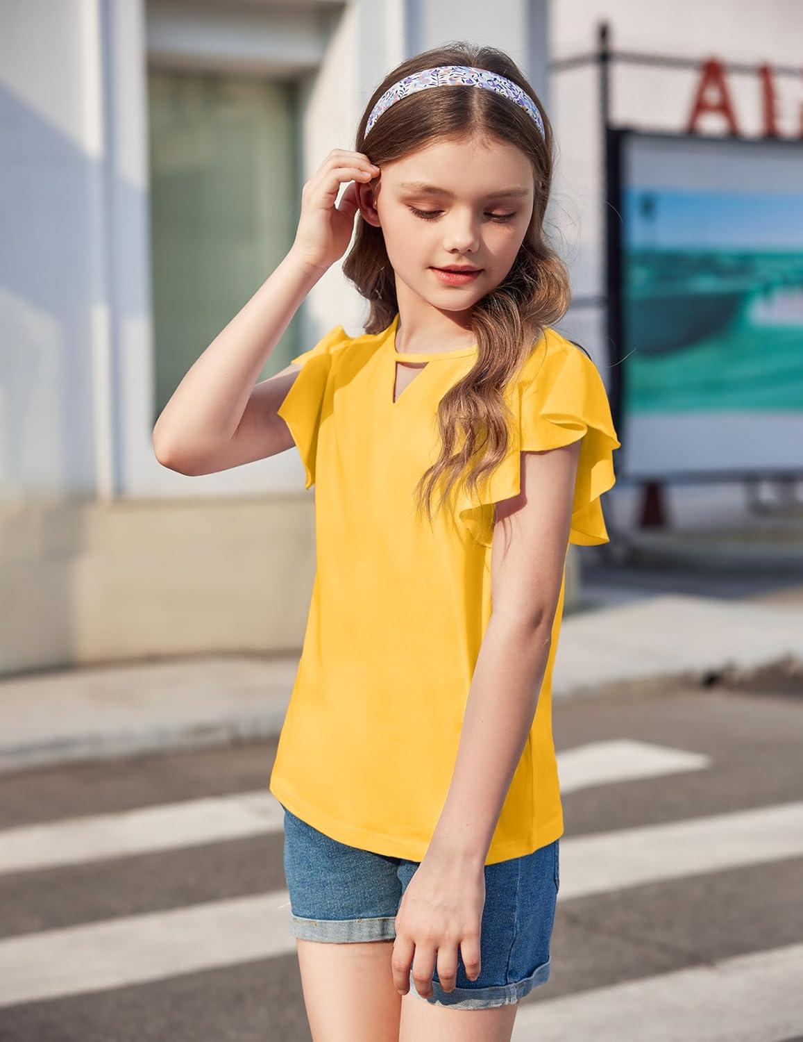 image:imageArshiner Kids Girls Yellow Shirt Casual ShortLong Sleeve Shirts Kids Loose Tunic Tops Ruffle Cotton Tee Blouses