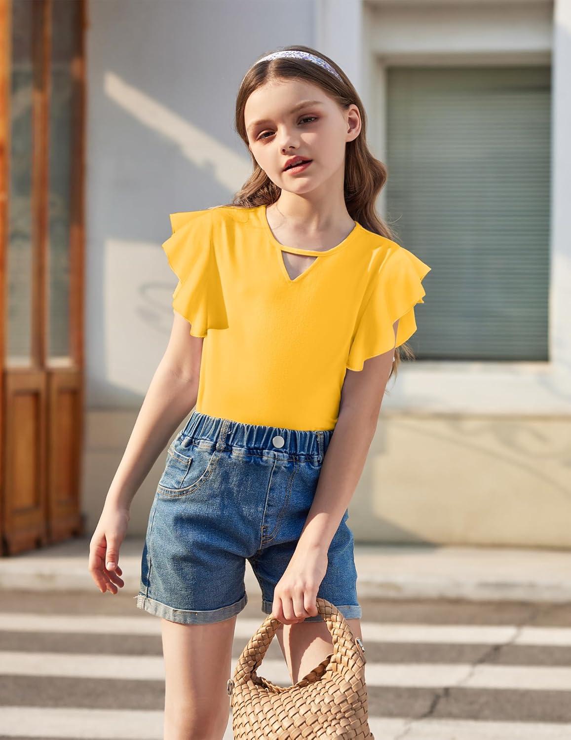 image:imageArshiner Kids Girls Yellow Shirt Casual ShortLong Sleeve Shirts Kids Loose Tunic Tops Ruffle Cotton Tee Blouses