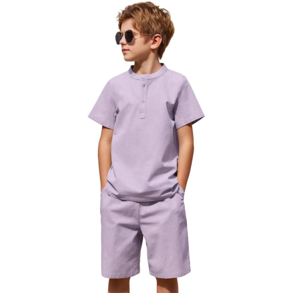 image:imageArshiner Boys 2 Pieces Cotton Linen Set Casual Henley Shirts Short Sleeve Beach Shorts Summer Outfits for 512 YearsLavender