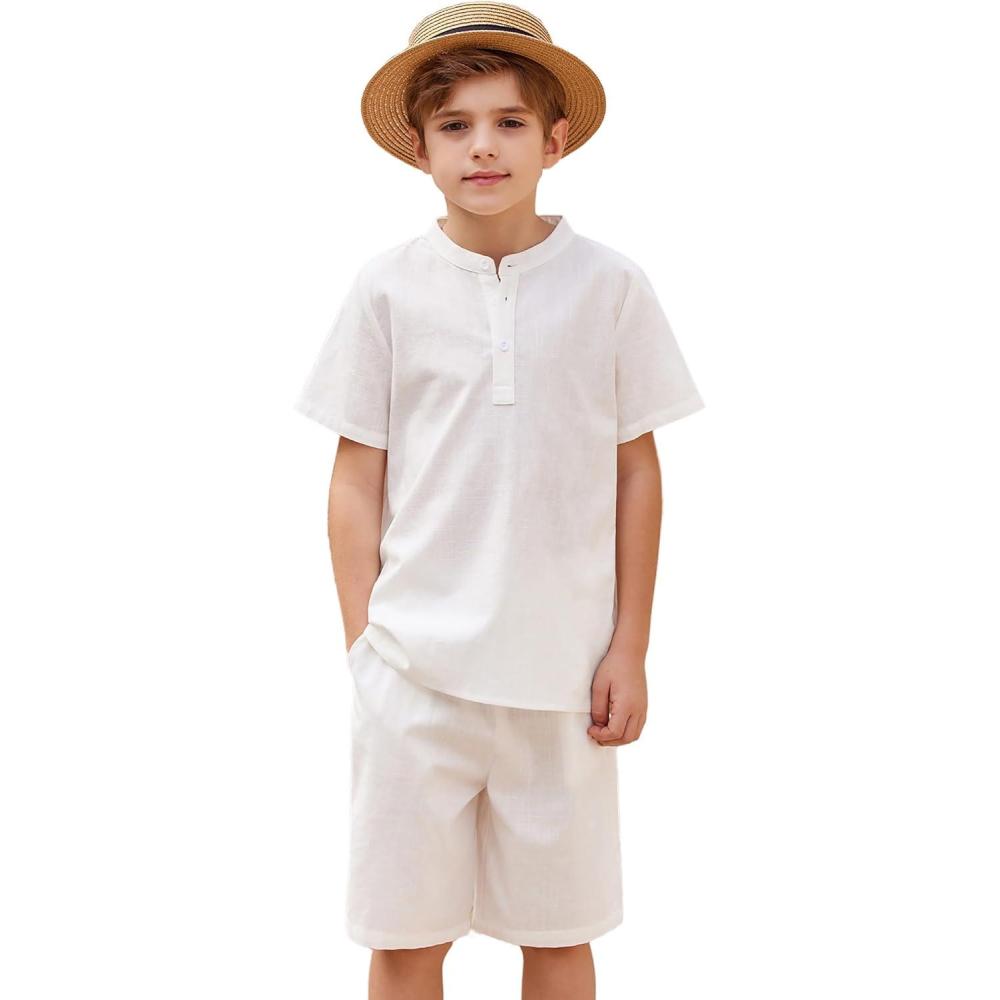 image:imageArshiner Boys 2 Pieces Linen Set Casual Henley Shirts Short Sleeve Beach Shorts Summer Shorts Outfits 56 Years