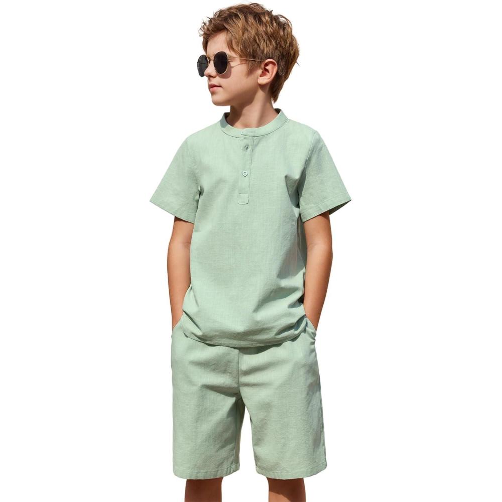 image:imageArshiner Boys 2 Pieces Linen Set Casual Henley Shirts Short Sleeve Beach Shorts Summer Shorts Outfits