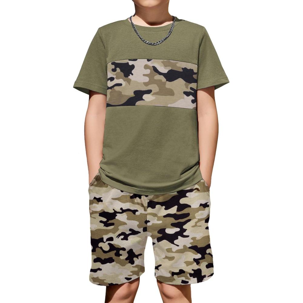 image:imageArshiner Boys 2Piece Cotton Outfit Color Block TShirt and Shorts Set Summer Camo Clothes for Kids 514 YearsArmy Green