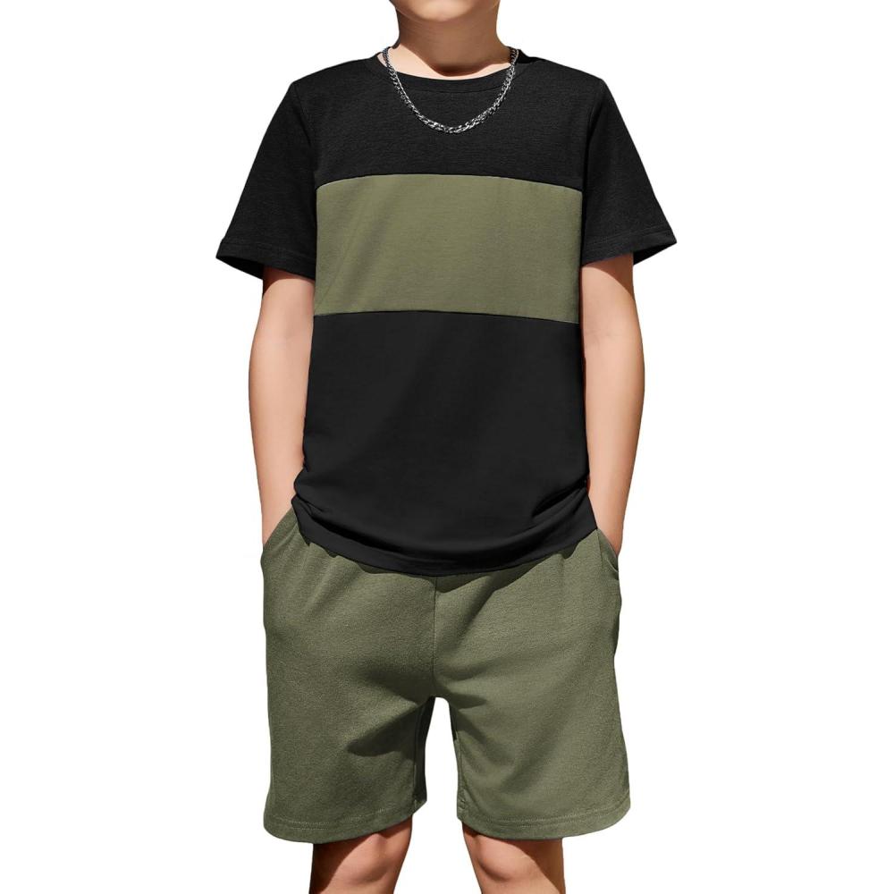 image:imageArshiner Boys 2Piece Cotton Outfit Color Block TShirt and Shorts Set Summer Camo Clothes for Kids 514 YearsBlack Army Green Black