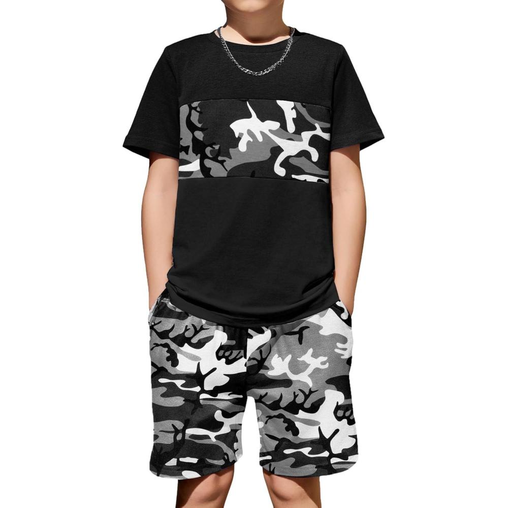 image:imageArshiner Boys 2Piece Cotton Outfit Color Block TShirt and Shorts Set Summer Camo Clothes for Kids 514 YearsBlack Grey Camouflage