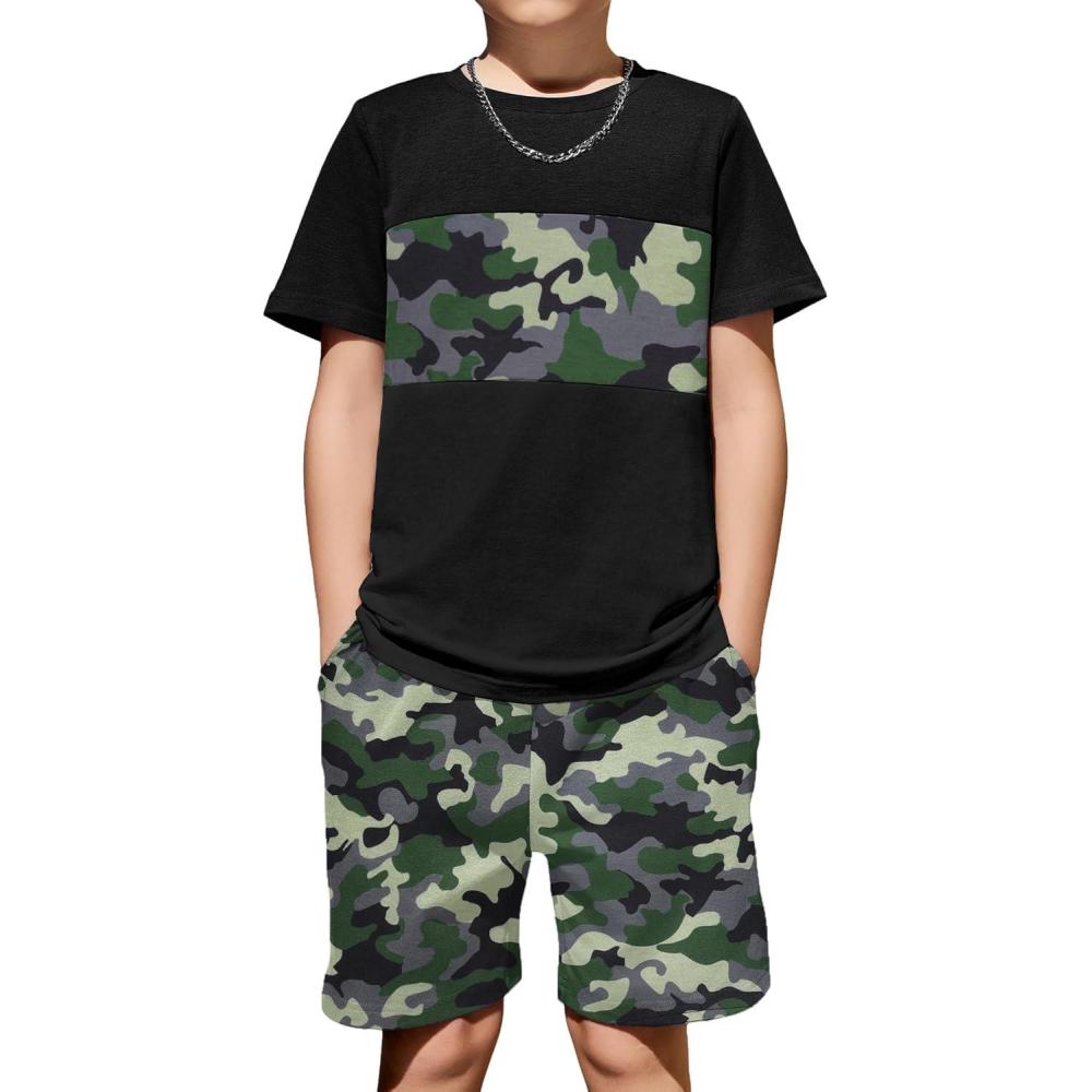 image:imageArshiner Boys 2Piece Cotton Outfit Color Block TShirt and Shorts Set Summer Camo Clothes for Kids 514 YearsCamo Black Army Green