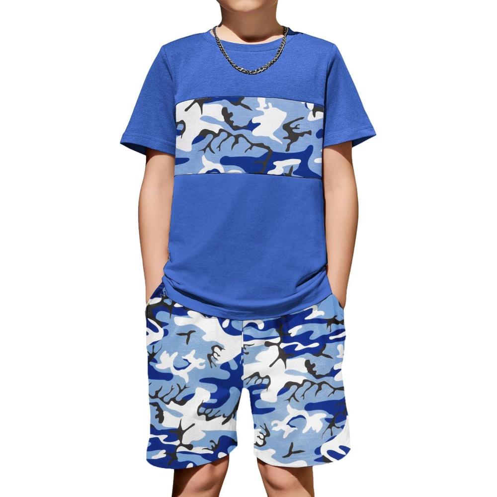 image:imageArshiner Boys 2Piece Cotton Outfit Color Block TShirt and Shorts Set Summer Camo Clothes for Kids 514 YearsCamo Blue