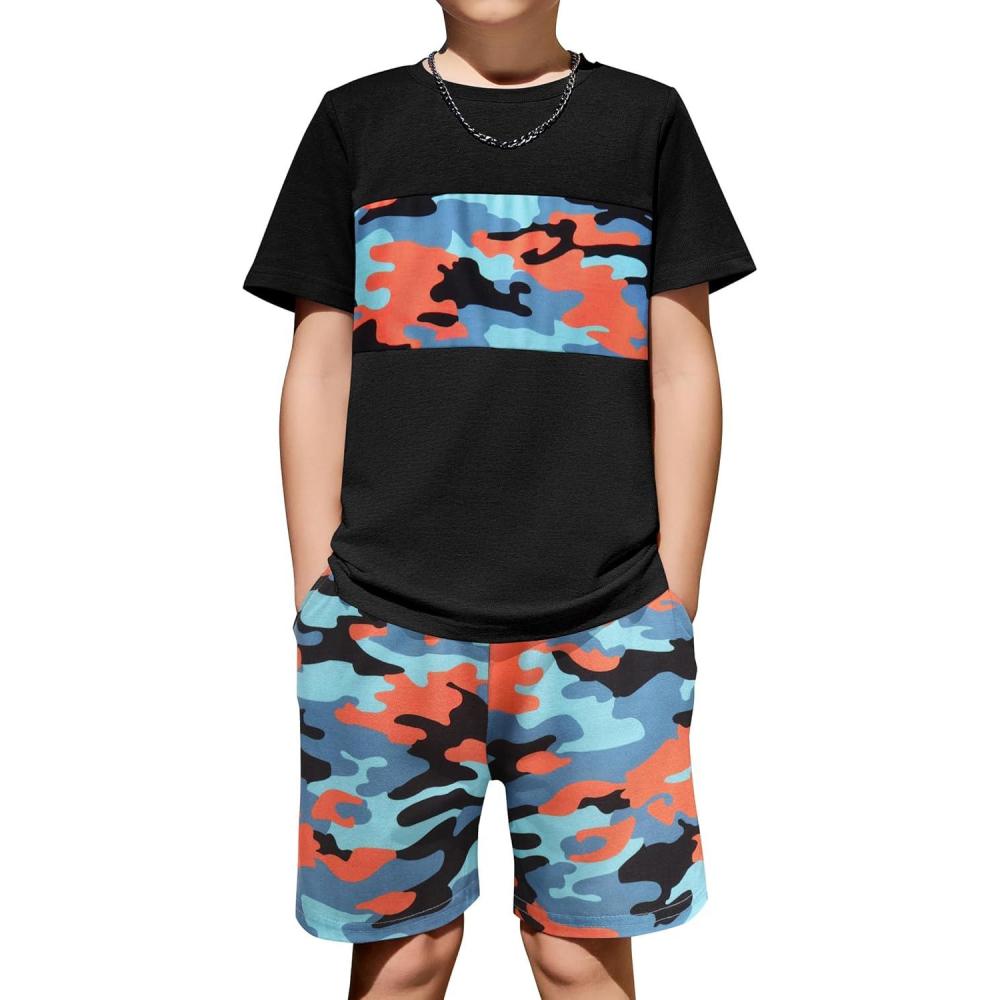 image:imageArshiner Boys 2Piece Cotton Outfit Color Block TShirt and Shorts Set Summer Camo Clothes for Kids 514 YearsCamouflage Blue