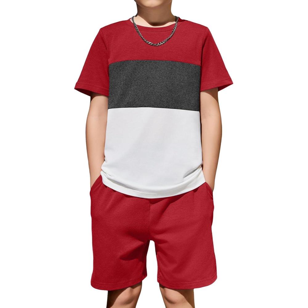 image:imageArshiner Boys 2Piece Cotton Outfit Color Block TShirt and Shorts Set Summer Camo Clothes for Kids 514 YearsCrimson Grey White