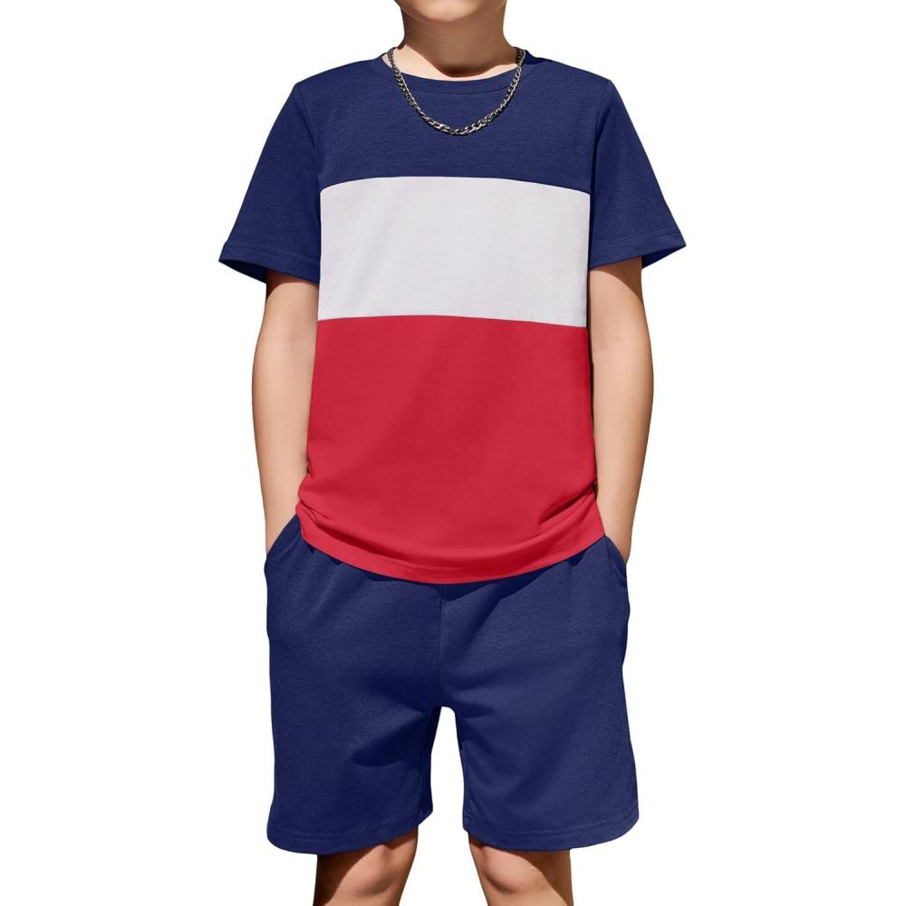 image:imageArshiner Boys 2Piece Cotton Outfit Color Block TShirt and Shorts Set Summer Camo Clothes for Kids 514 YearsNavy White Red