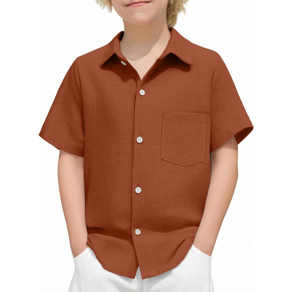 image:imageArshiner Boys Button Down Shirt 100 Cotton Short Sleeve Shirt Solid Summer Beach Shirts with Pocket Size 414 YearsCaramel