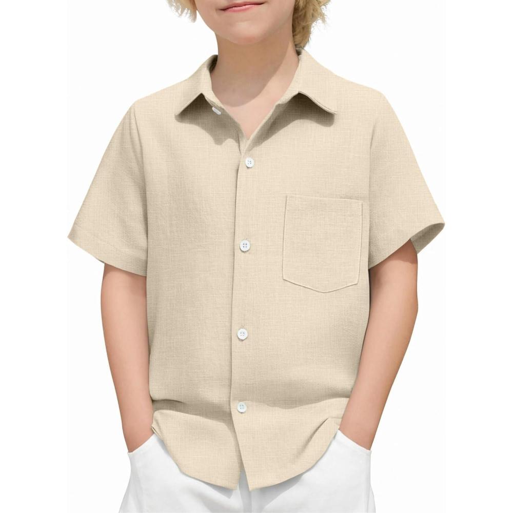 image:imageArshiner Boys Button Down Shirt 100 Cotton Short Sleeve Shirt Solid Summer Beach Shirts with Pocket Size 414 YearsChampagne