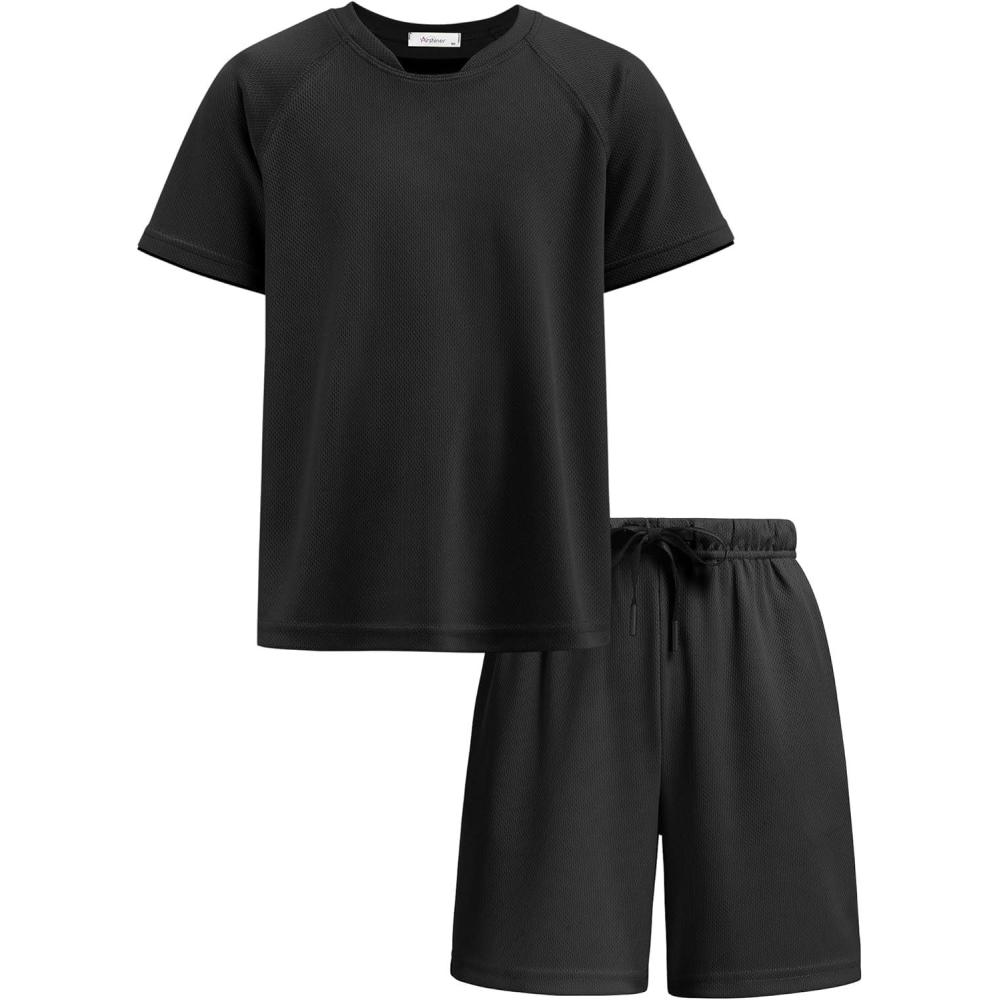 image:imageArshiner Boys Loose Athletic Shorts Set Performance Crew Neck TShirt and Mesh Short 2 Piece Outfit for Active KidsBlack