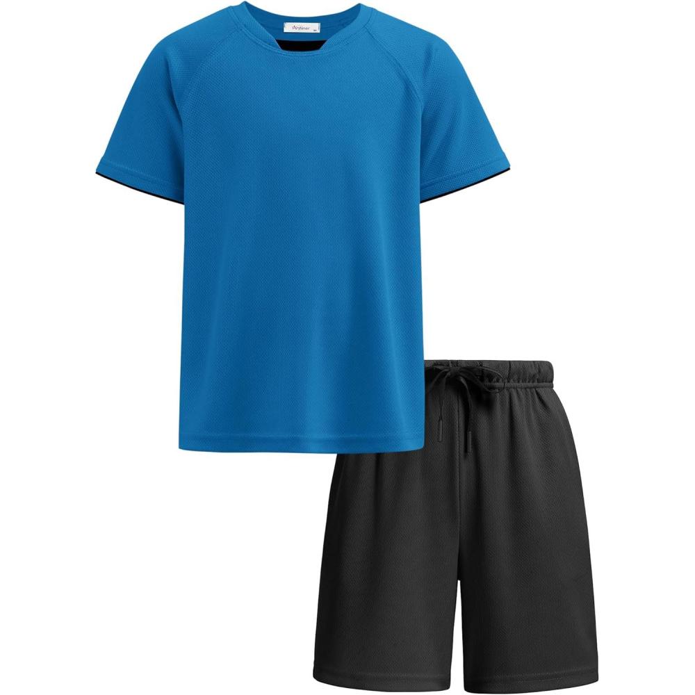 image:imageArshiner Boys Loose Athletic Shorts Set Performance Crew Neck TShirt and Mesh Short 2 Piece Outfit for Active KidsBlueBlack