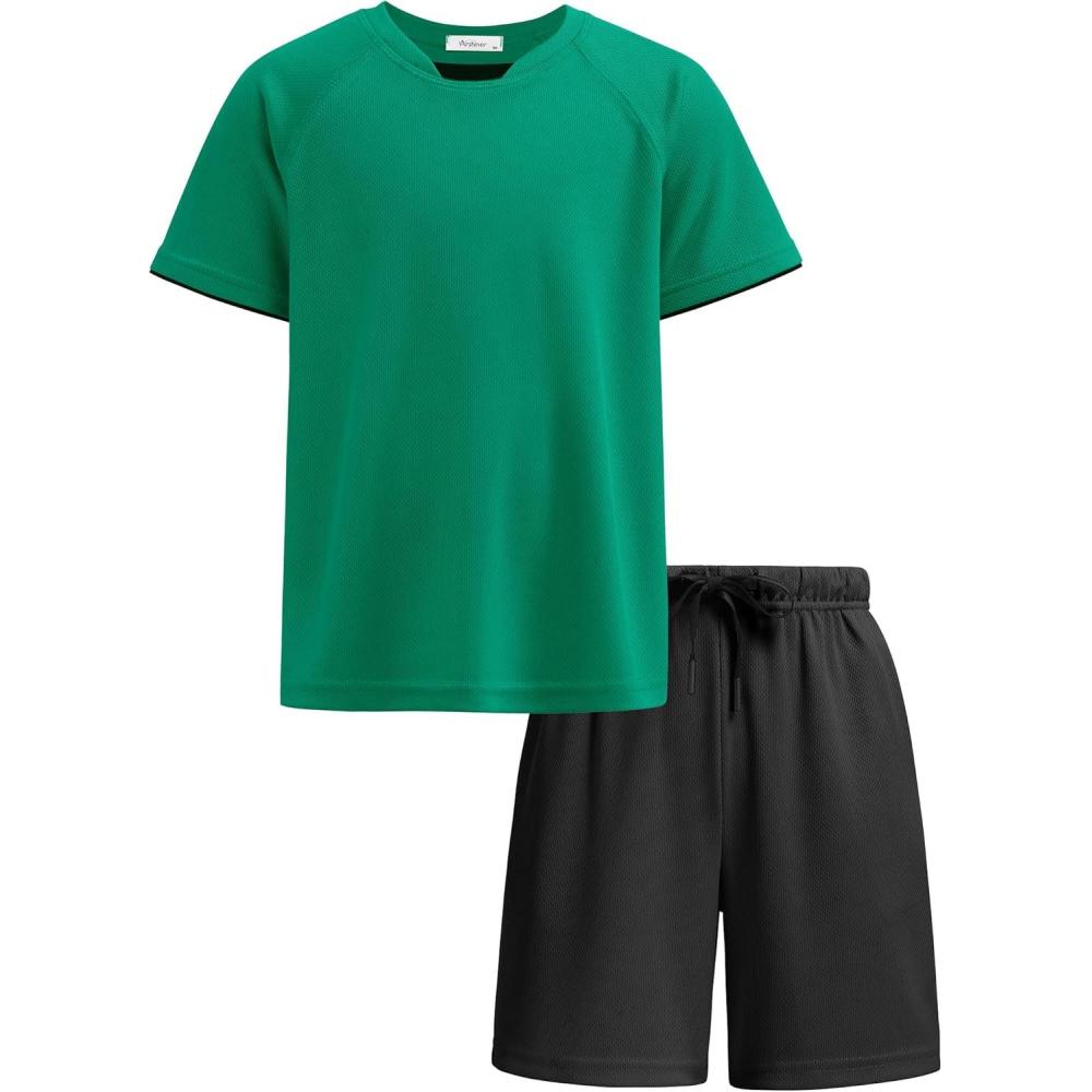 image:imageArshiner Boys Loose Athletic Shorts Set Performance Crew Neck TShirt and Mesh Short 2 Piece Outfit for Active KidsGreenBlack