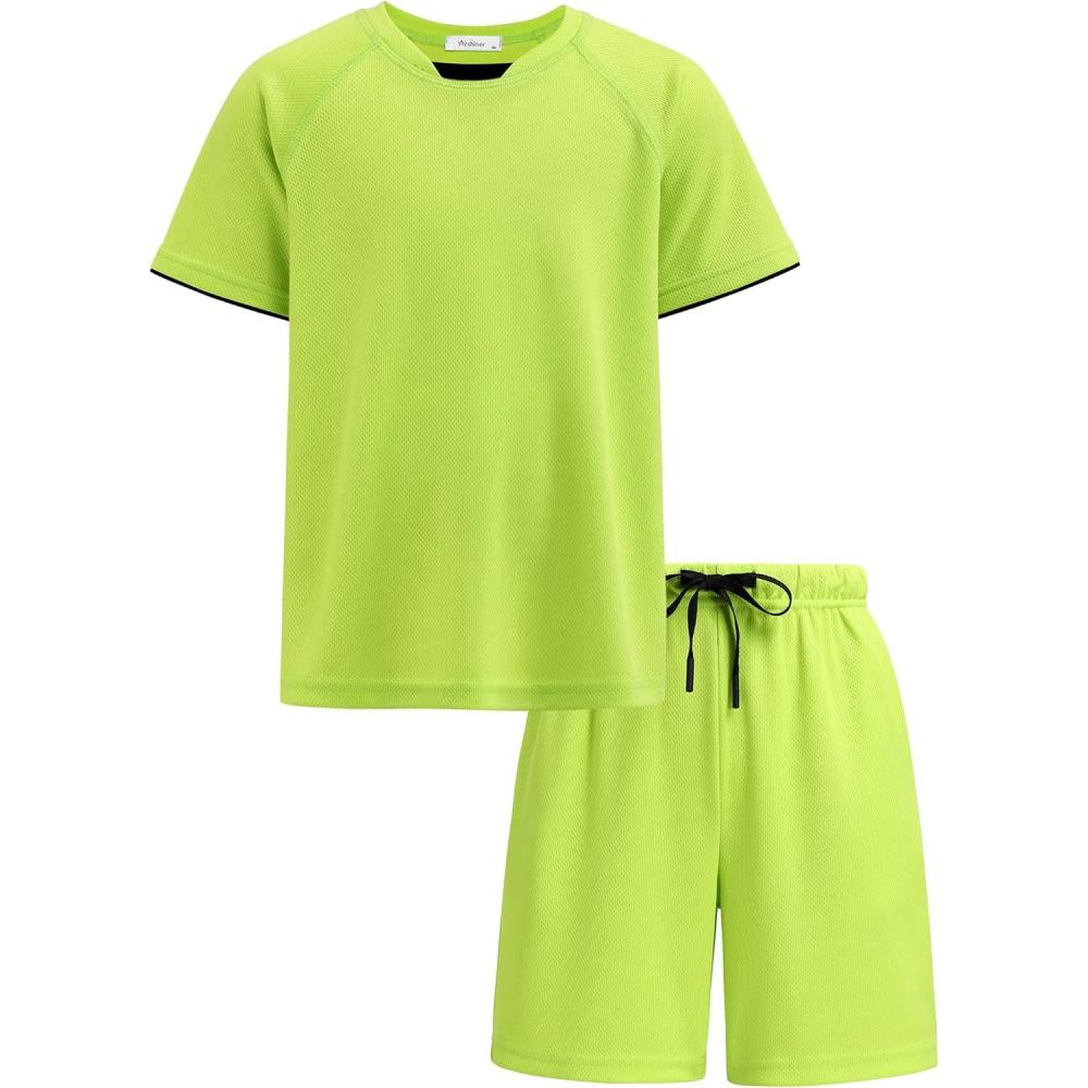 image:imageArshiner Boys Loose Athletic Shorts Set Performance Crew Neck TShirt and Mesh Short 2 Piece Outfit for Active KidsLime Green