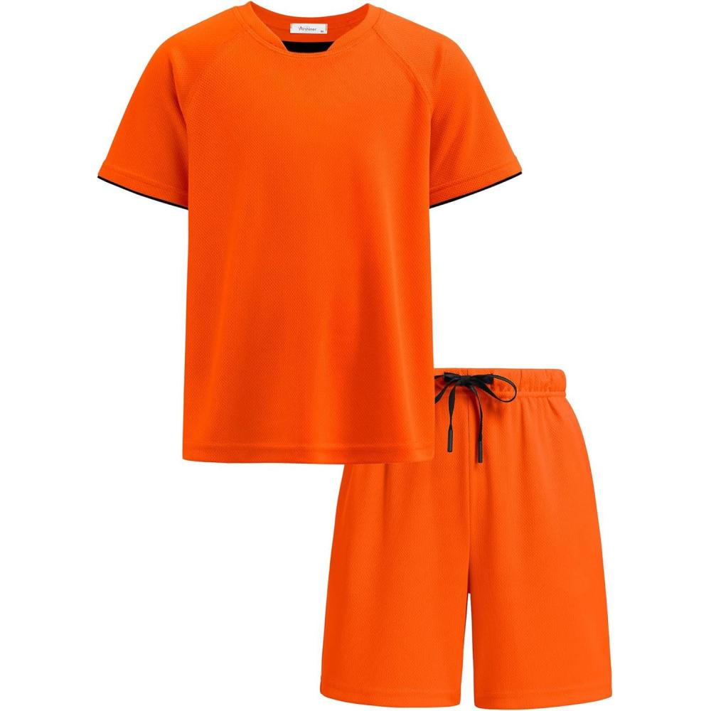 image:imageArshiner Boys Loose Athletic Shorts Set Performance Crew Neck TShirt and Mesh Short 2 Piece Outfit for Active KidsOrange