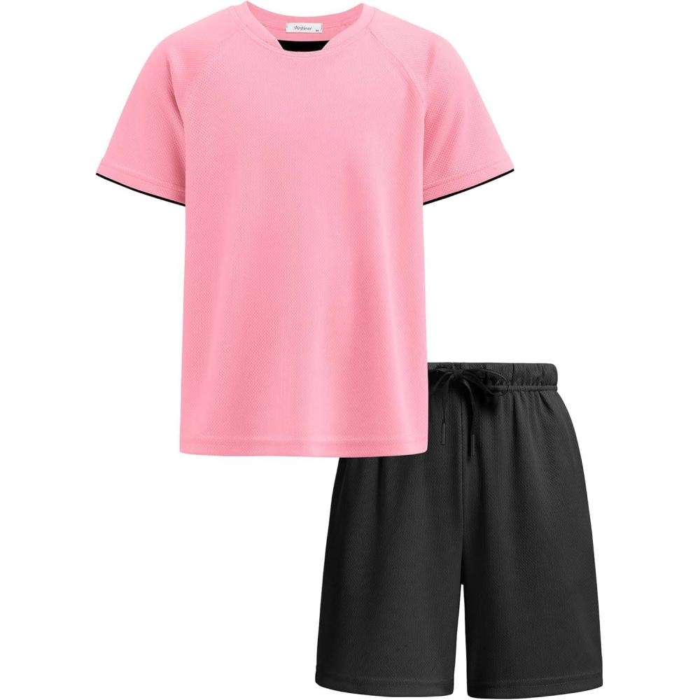 image:imageArshiner Boys Loose Athletic Shorts Set Performance Crew Neck TShirt and Mesh Short 2 Piece Outfit for Active KidsPinkBlack