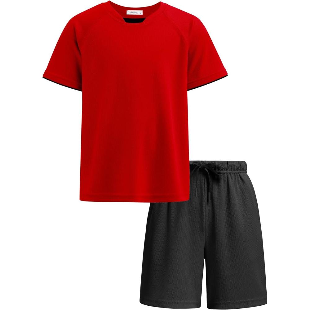 image:imageArshiner Boys Loose Athletic Shorts Set Performance Crew Neck TShirt and Mesh Short 2 Piece Outfit for Active KidsRedBlack