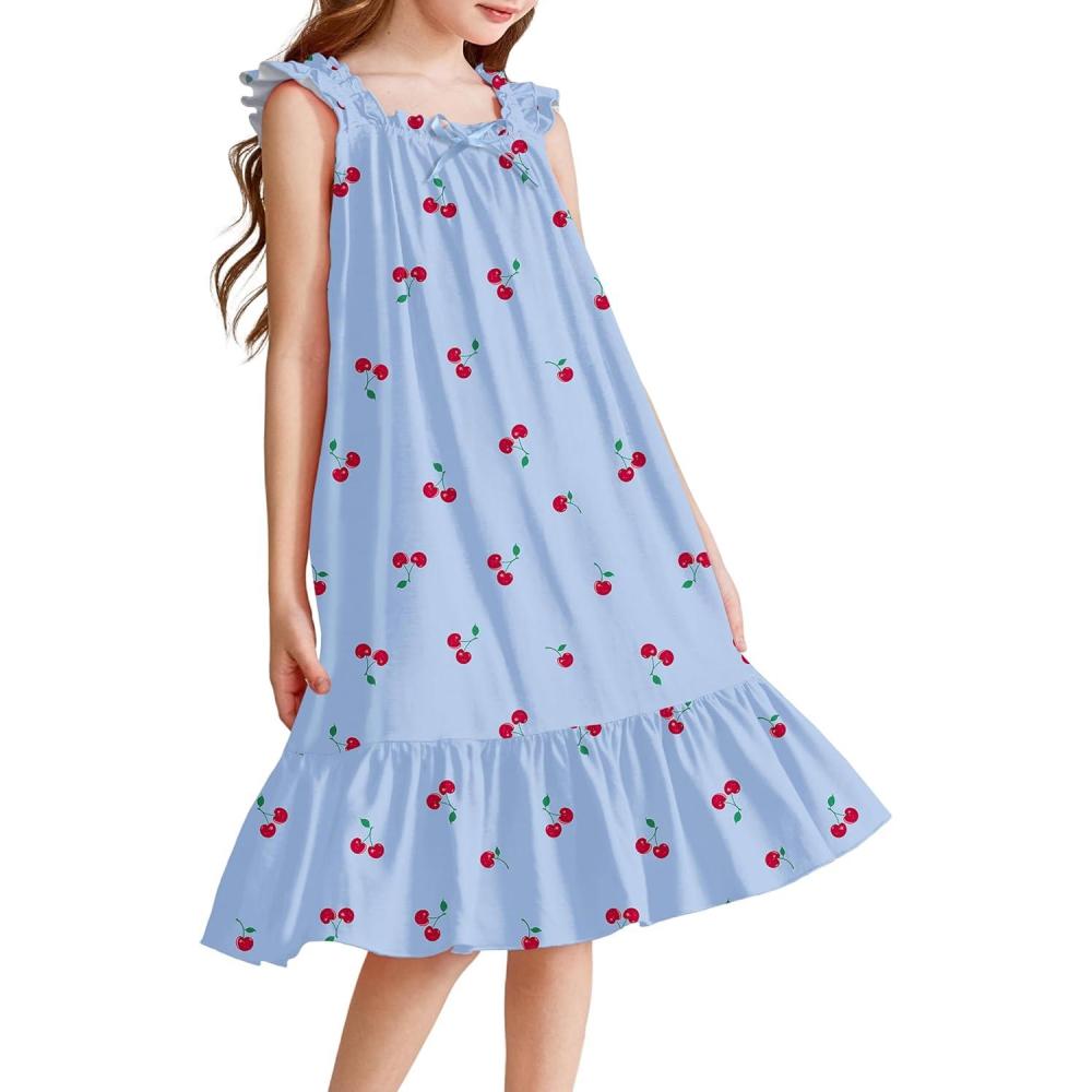 image:imageArshiner Girls Nightgowns Pajama Dress Cute Ruffle Sleepwear Soft Night GownsBlue Cherry