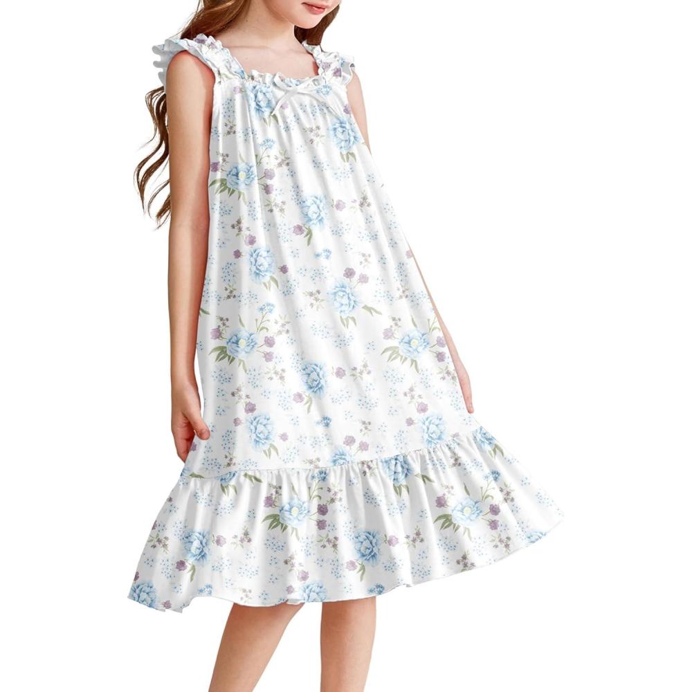 image:imageArshiner Girls Nightgowns Pajama Dress Cute Ruffle Sleepwear Soft Night GownsBlue Flowers