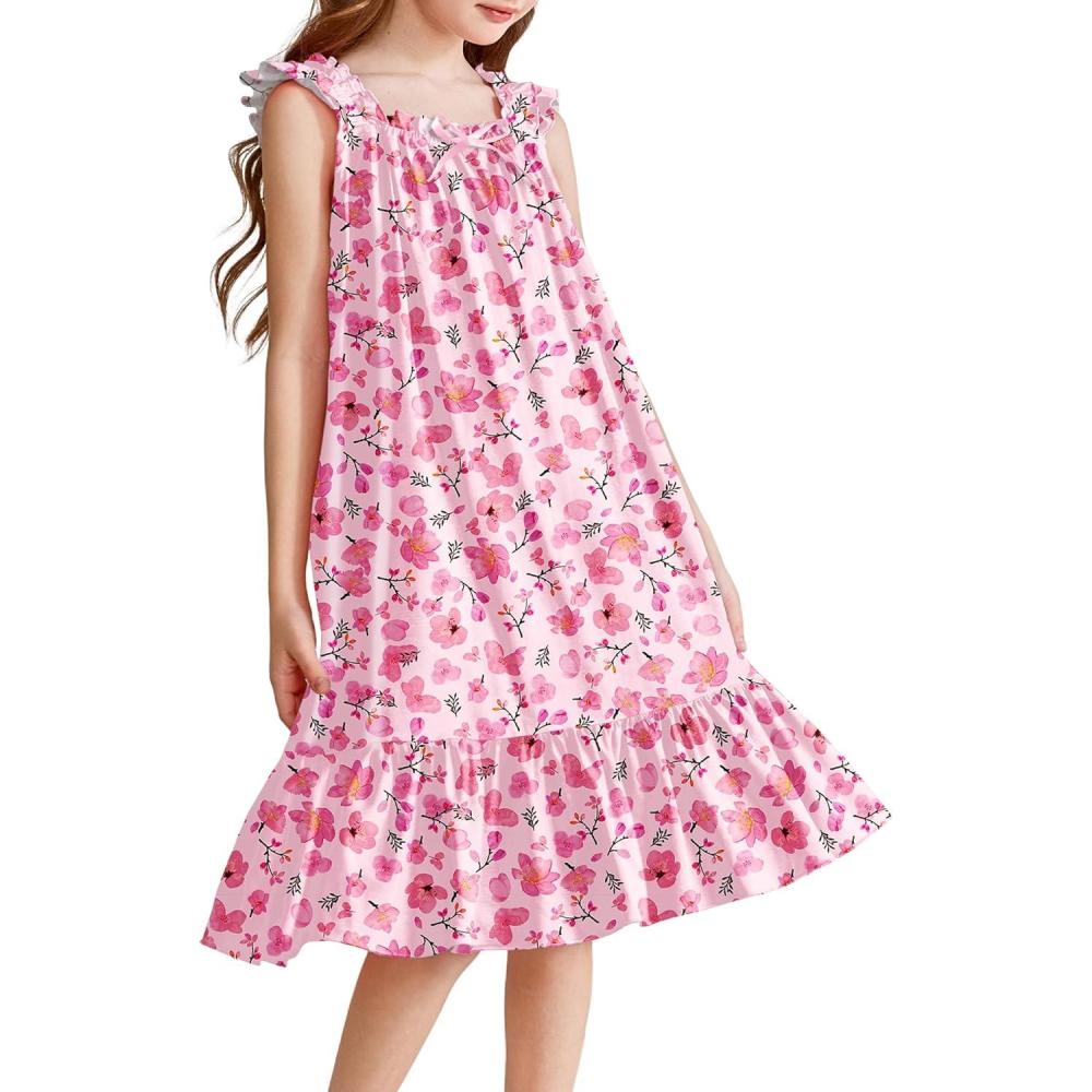 image:imageArshiner Girls Nightgowns Pajama Dress Cute Ruffle Sleepwear Soft Night GownsPink Flower