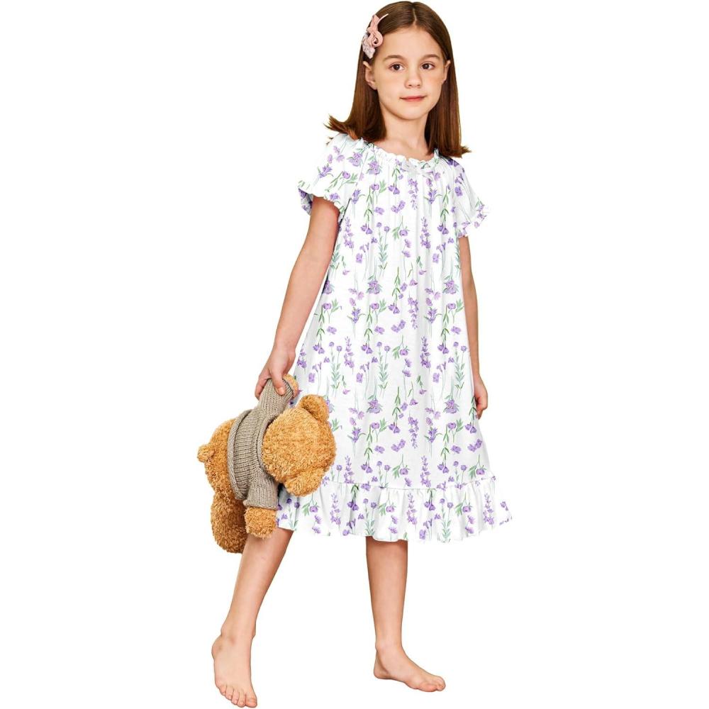 image:imageArshiner Girls Nightgowns Sleepwear Short Sleeve Victorian Pajama Dress Soft Princess Sleepshirt for 312 Years KidsPurple Little Flowers
