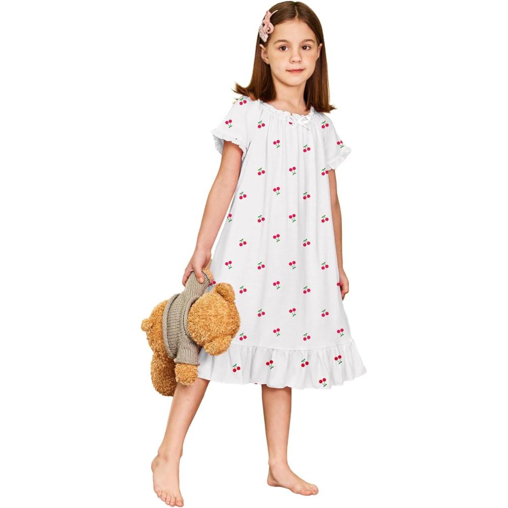 image:imageArshiner Girls Nightgowns Sleepwear Short Sleeve Victorian Pajama Dress Soft Princess Sleepshirt for 312 Years KidsWhite Cherry