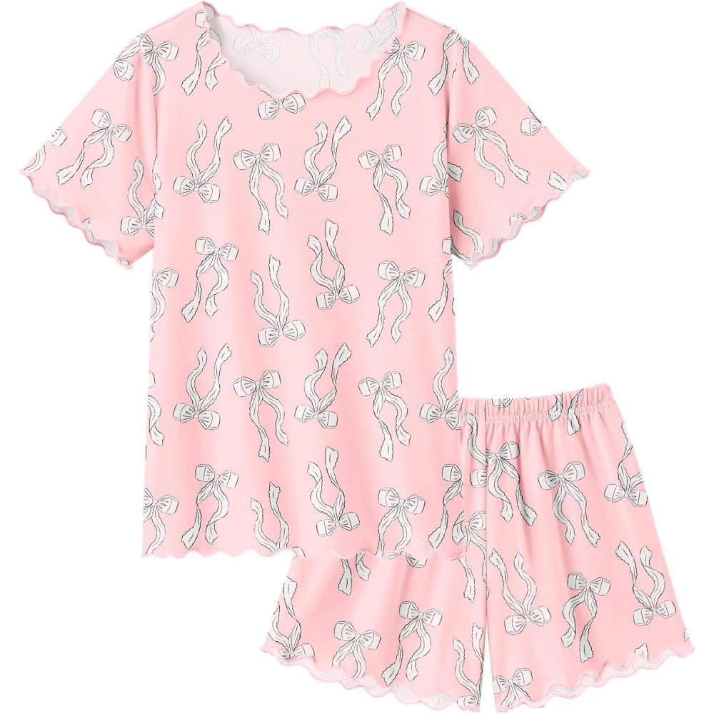 image:imageArshiner Girls Pajama Set Short Sleeve Lounge Set Soft Shirring Summer Sleepwear Pj SetsPink Bow