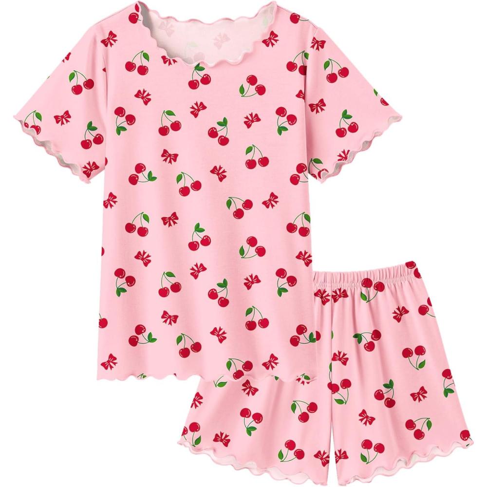 image:imageArshiner Girls Pajama Set Short Sleeve Lounge Set Soft Shirring Summer Sleepwear Pj SetsPink Cherry