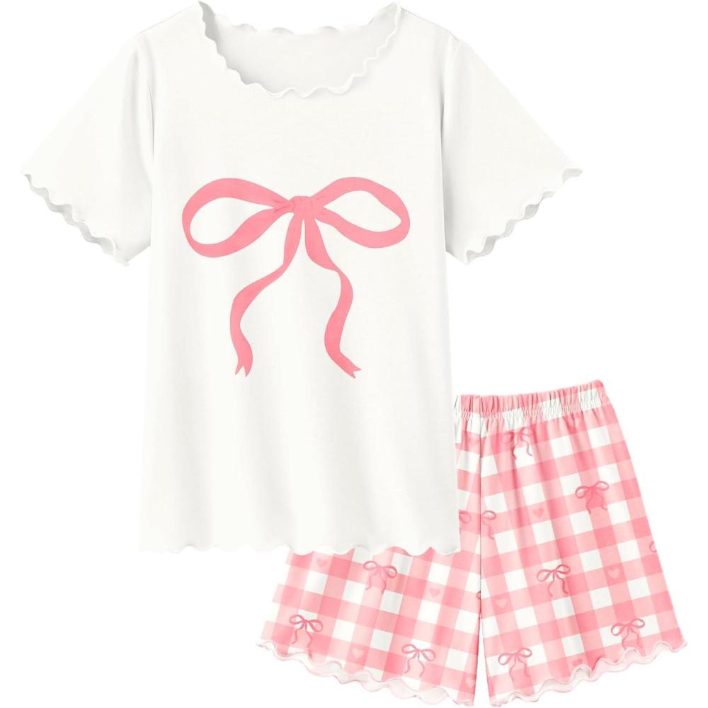 image:imageArshiner Girls Pajama Set Short Sleeve Lounge Set Soft Shirring Summer Sleepwear Pj SetsPink Plaid Bow