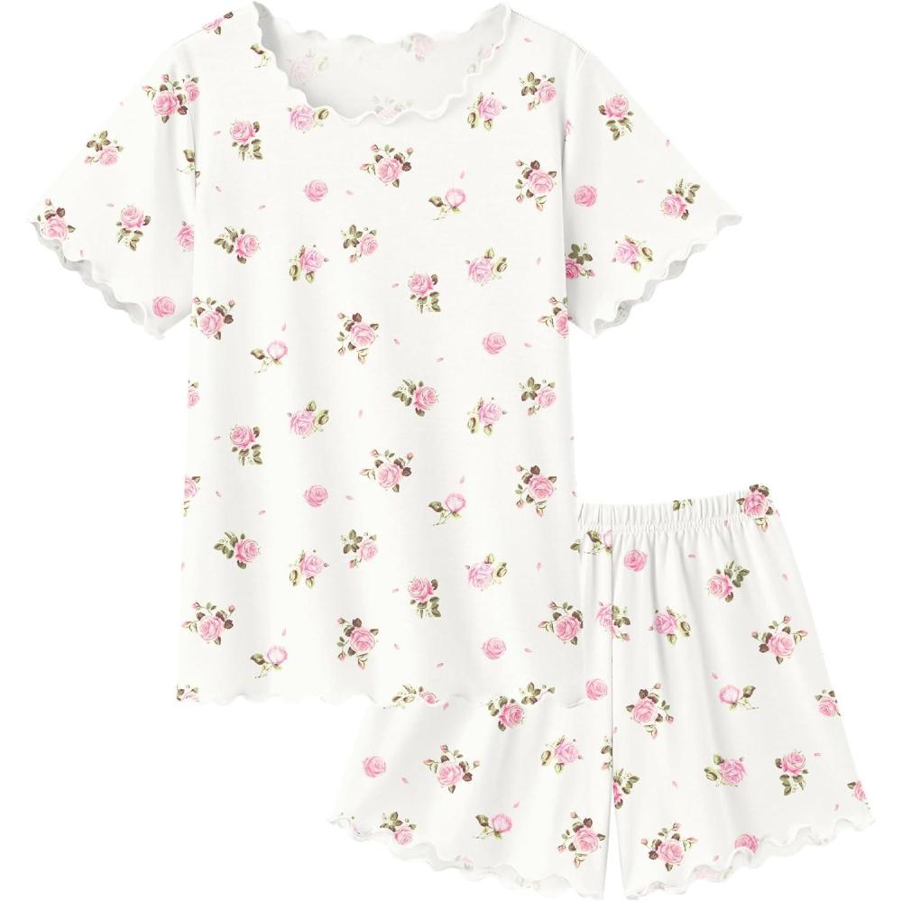 image:imageArshiner Girls Pajama Set Short Sleeve Lounge Set Soft Shirring Summer Sleepwear Pj SetsWhite Flowers