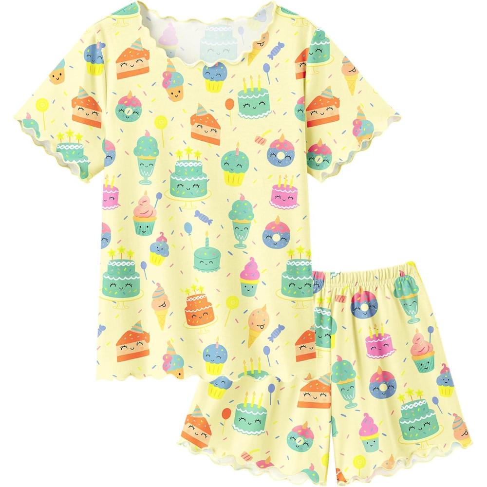 image:imageArshiner Girls Pajama Set Short Sleeve Lounge Set Soft Shirring Summer Sleepwear Pj SetsYellow Cake