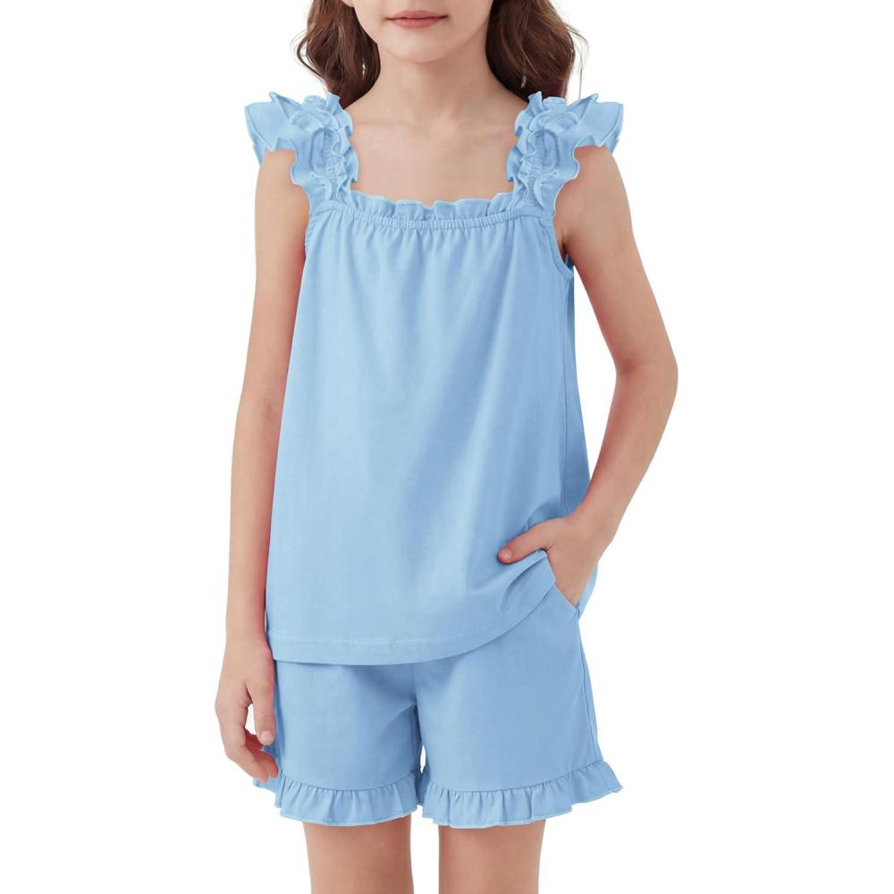 image:imageArshiner Girls Pajamas Ruffle Tank Top and Shorts Sets Soft Cute 2 Piece Sleepwear for KidsBlue