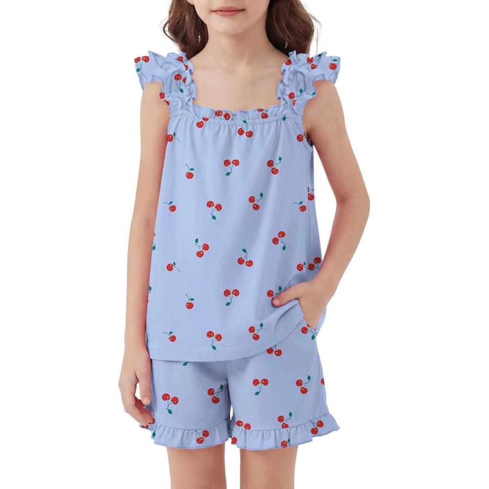image:imageArshiner Girls Pajamas Ruffle Tank Top and Shorts Sets Soft Cute 2 Piece Sleepwear for KidsBlue Cherry